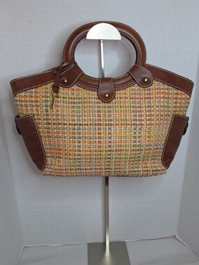 Fossil Multicolor Woven Tote with Brown Leather Trim